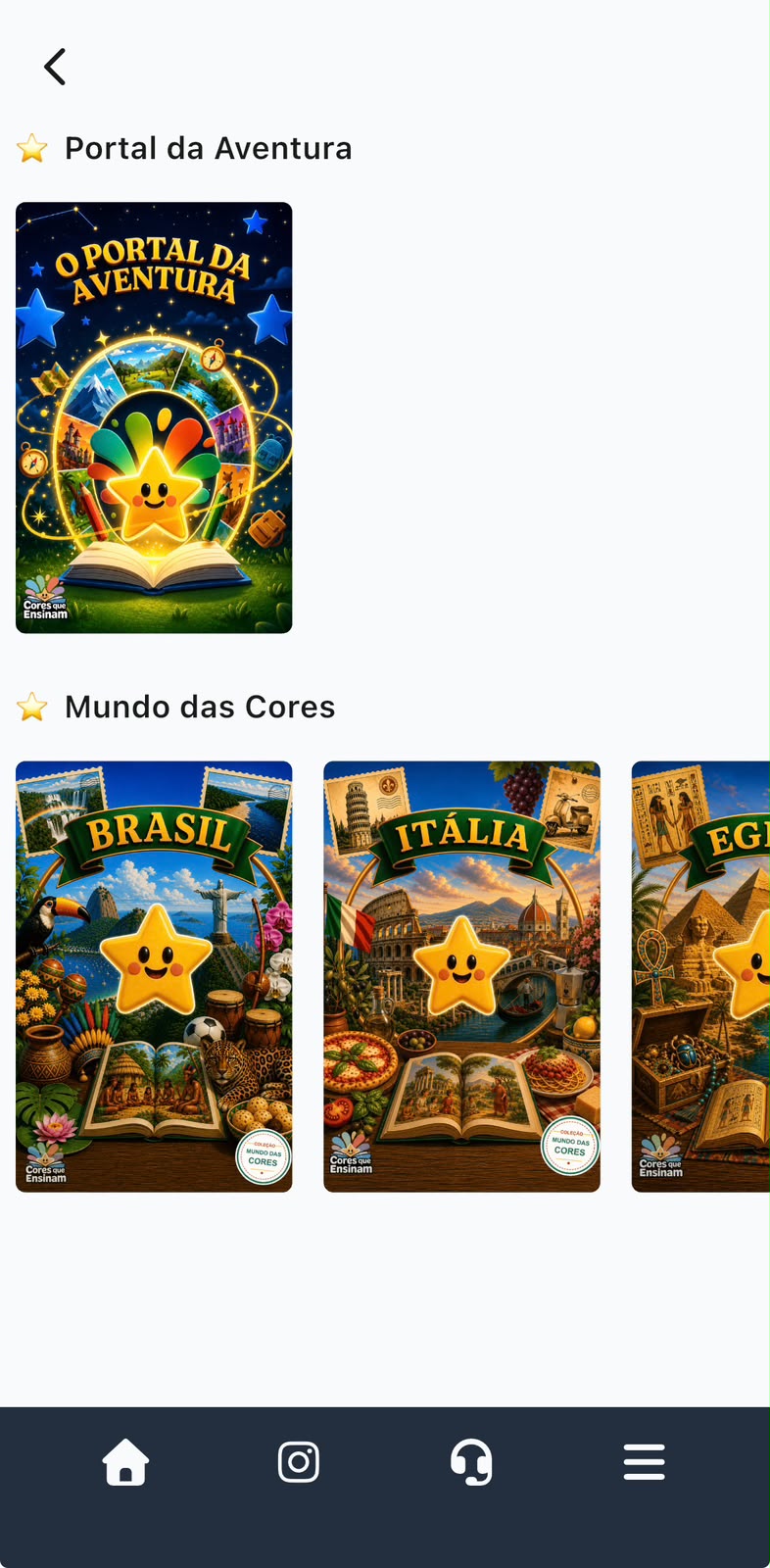 Área de membros no celular com o Portal da Aventura e as viagens da Coleção Mundo das Cores