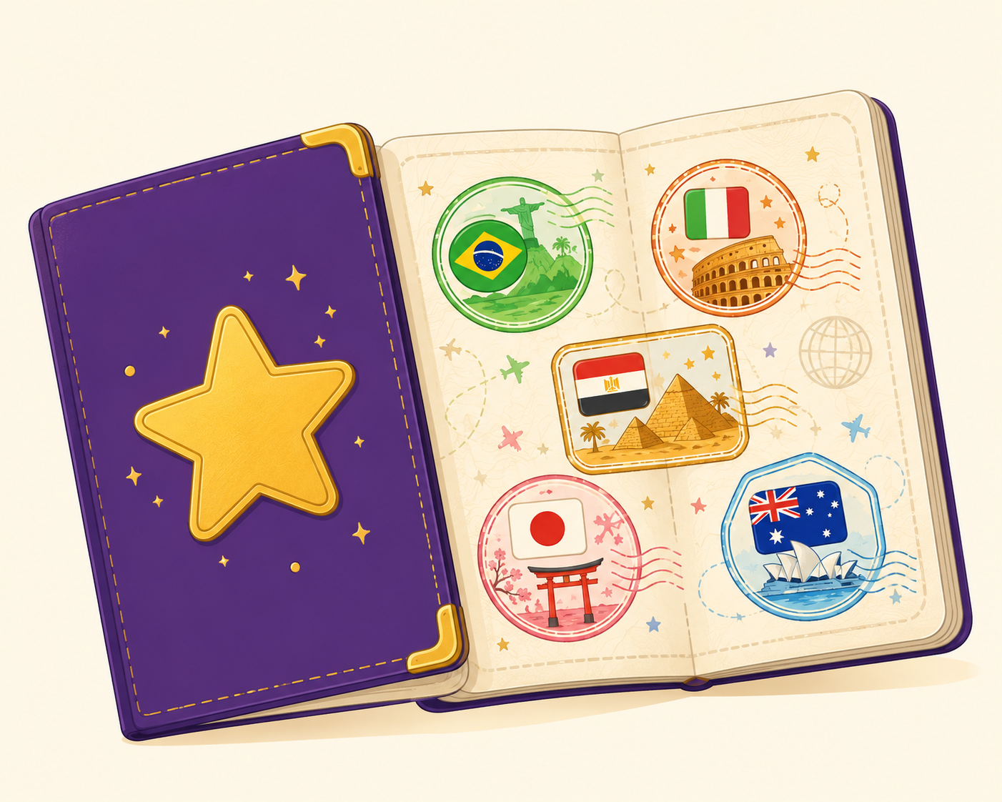 Passaporte ilustrado com carimbos do Brasil, Itália, Egito, Japão e Austrália