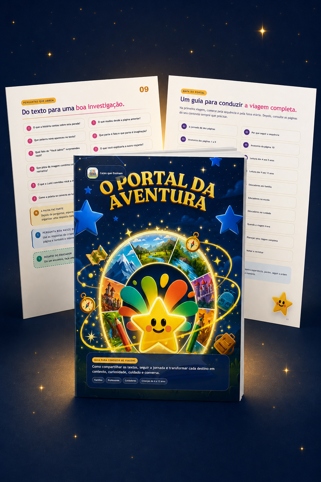 Mockup do Portal da Aventura com a capa e páginas internas do guia